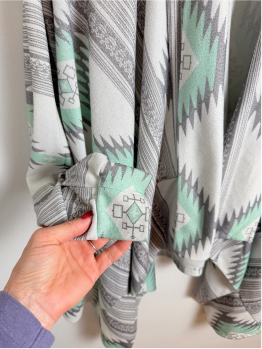 Southwestern Aztec Mint Gray Draped Open Front Cardigan - Picture 3 of 7